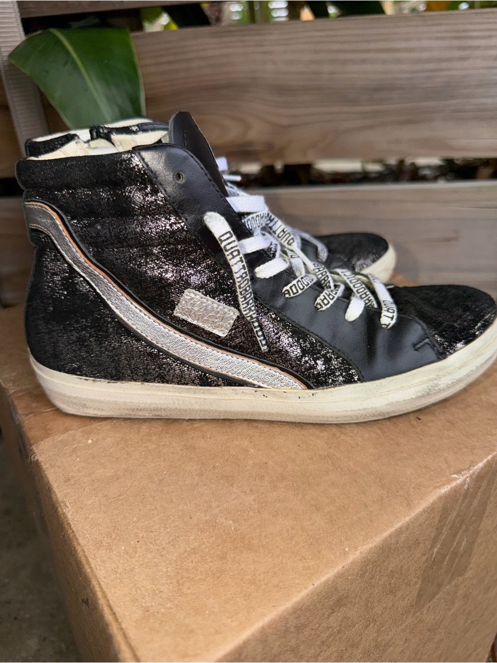 Women's Black Glitter High-Top Sneakers with White Accents